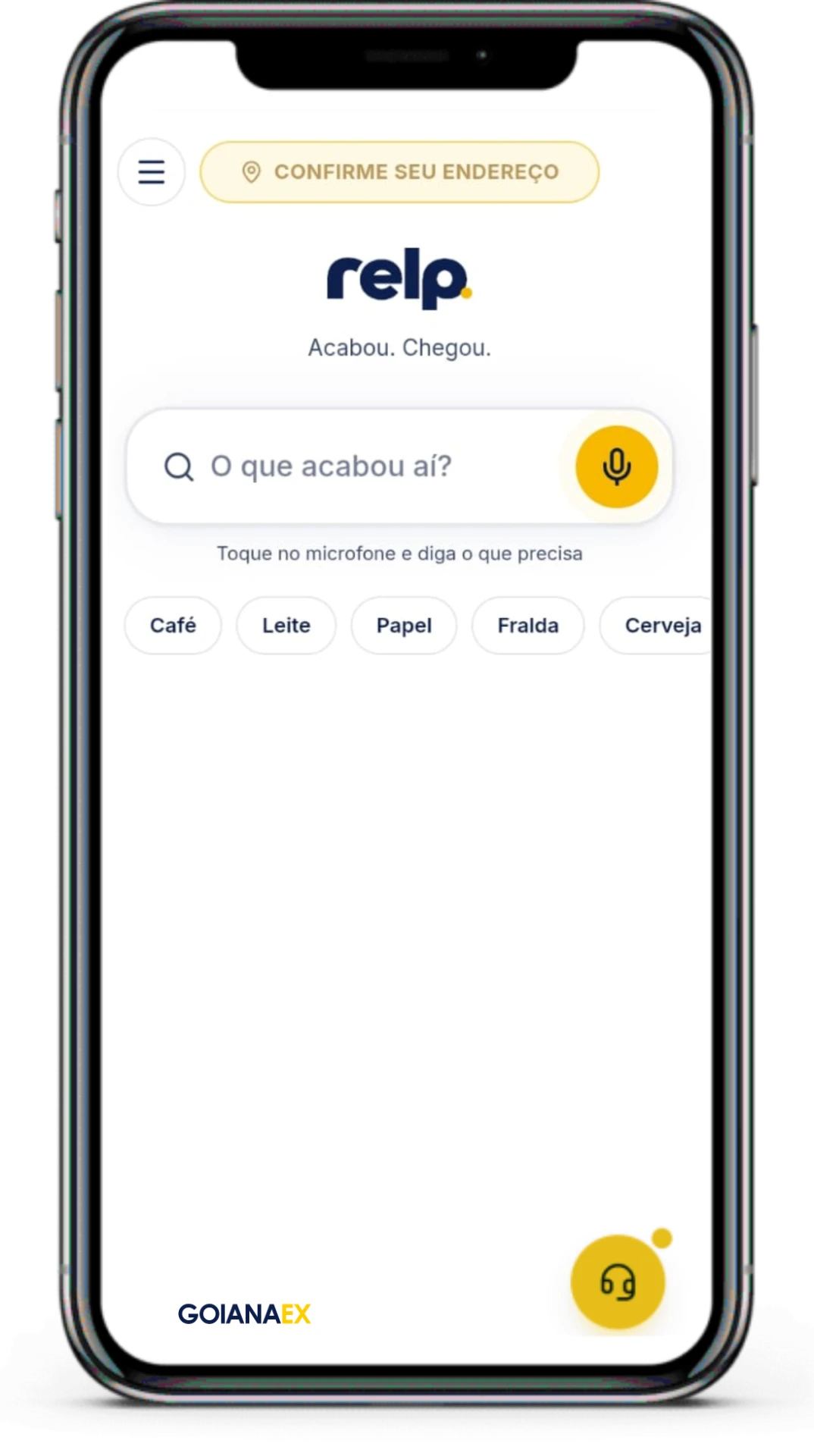 Smartphone com o aplicativo Relp, da Rede Goiana: confirmação de endereço, busca por voz e atalhos de compra.